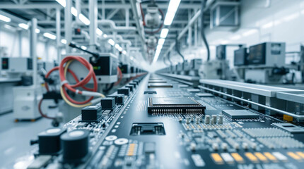Computer chips assembly line in manufacturing plant, modern electronics production factory