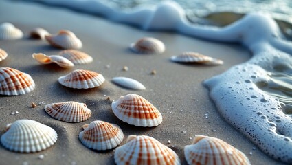 Calm beach scene with shells and gentle foam
