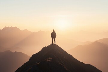 portrait of determined young man standing atop mountain peak at sunrise looking toward horizon