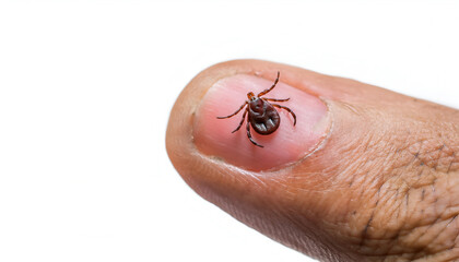 Obraz premium macro close-up of a brown tick on human fingernail, detailed view of small parasite and disease-carrying insect on isolated white background 
