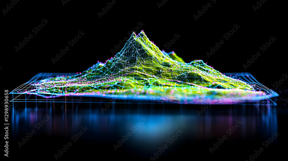 Poster abstract digital mountain visualization displaying data patterns with green blue and white color on 
