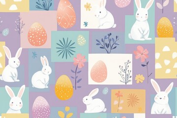 A flat illustration of an Easter-themed pattern with various bunnies, eggs, and flowers in pastel colors, on squares, colorful mosaic, abstract geometric shapes.
