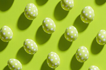 A pattern of polka-dotted Easter eggs on a lime green background. Happy Easter Festival Concept, April 2025.