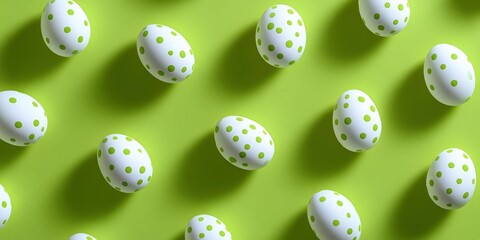 A pattern of polka-dotted Easter eggs on a lime green background. Happy Easter Festival Concept, April 2025.