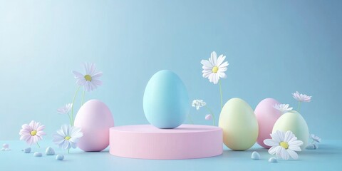 Easter-themed, pastel-colored eggs and flowers on a blue background, abstract geometric shapes.