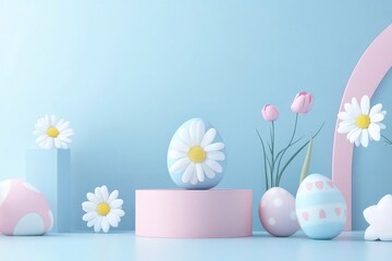 Easter-themed, pastel-colored eggs and flowers on a blue background, abstract geometric shapes.