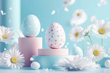 Easter-themed, pastel-colored eggs and flowers on a blue background, abstract geometric shapes.