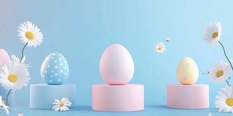 Easter-themed, pastel-colored eggs and flowers on a blue background, abstract geometric shapes.