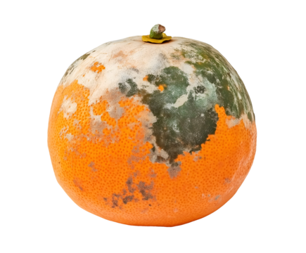 moldy orange with patches of green and white mold, spoiled citrus fruit with decayed texture and fungal growth, decomposing produce with visible deterioration, on isolated background

