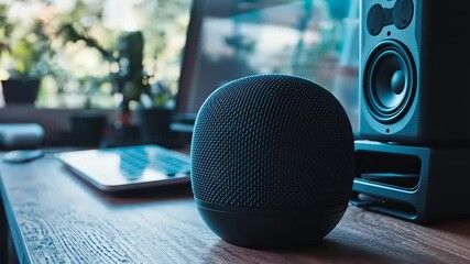 A small smart speaker sits on a wooden desk in front of a window near speakers.