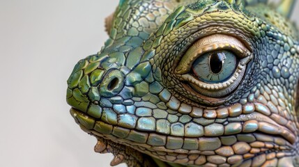 Fototapeta premium Close-up of a vibrant, intricately detailed lizard showcasing its textured skin against a neutral background