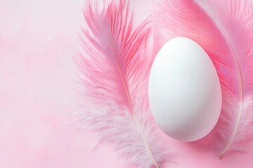 Easter banner with a white egg and pink feather on a pastel background, a flat lay top view with copy space.