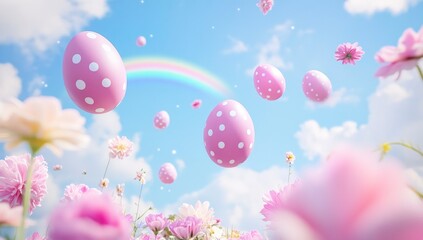 Pink clouds with pink polka-dotted eggs falling from the sky, flowers and a rainbow in the background, Easter theme.