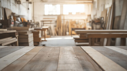Wooden Tabletop in Blurred Carpenters Workshop