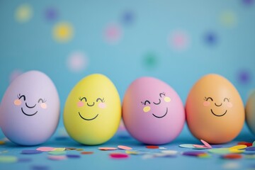 Happy Easter! Colorful eggs with cute faces with pastel colors, against a blue background.