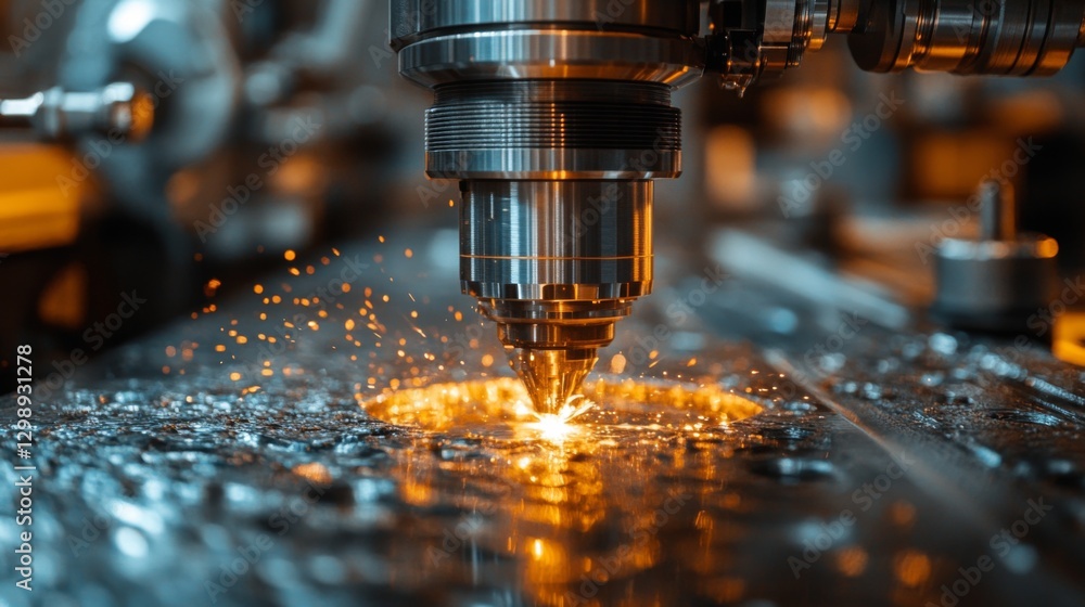 Aufkleber Advanced machinery performs precision cutting, creating bright sparks as metal is processed in a modern, automated manufacturing facility.