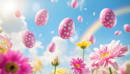 Pink clouds with pink polka-dotted eggs falling from the sky, flowers and a rainbow in the background, Easter theme.