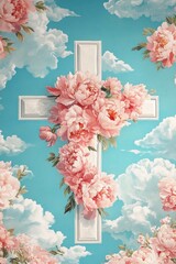 Wallpaper with a cross surrounded by pink peonies and clouds, against a pastel blue background.