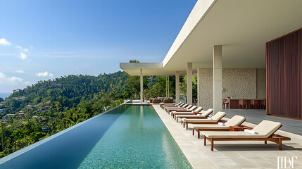Fototapeta premium Luxury Infinity Pool Overlooking Tropical Landscape on Sunny Day