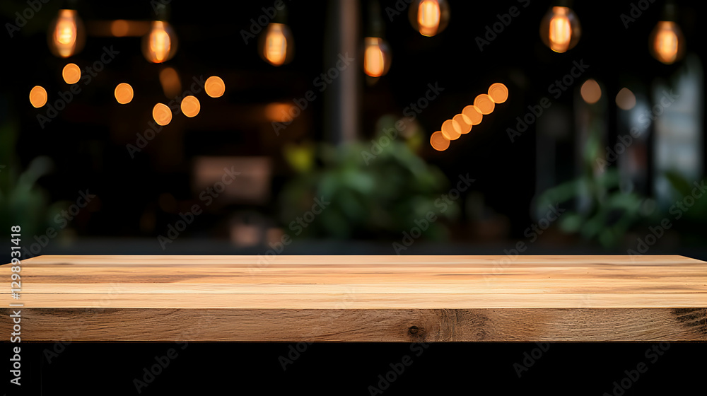 Aufkleber empty rustic wooden table surface with bokeh lights in blurred dark background