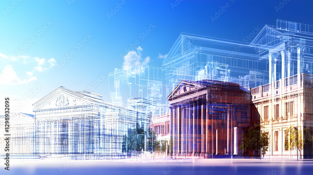 Aufkleber digital architectural visualization of classical building against blue sky with transparent abstract