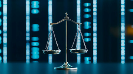 Golden Justice Scale Centered Against a Blue Technology Background with Selective Focus and Reflection