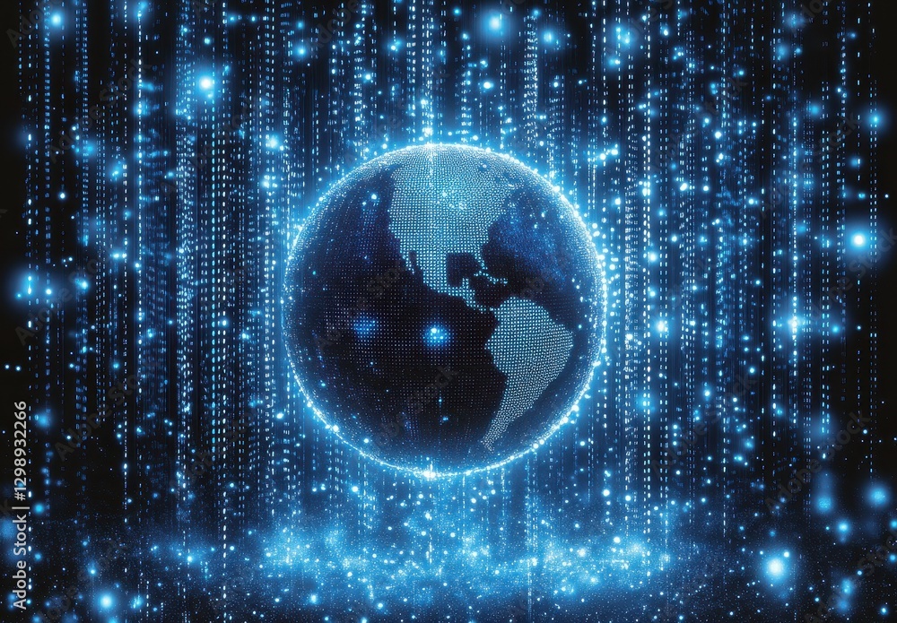 Poster digital earth in a futuristic blue light space with shimmering particles and data streams creating a