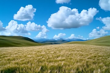 Obraz premium A vast golden wheat field swaying under a bright blue sky with fluffy white clouds