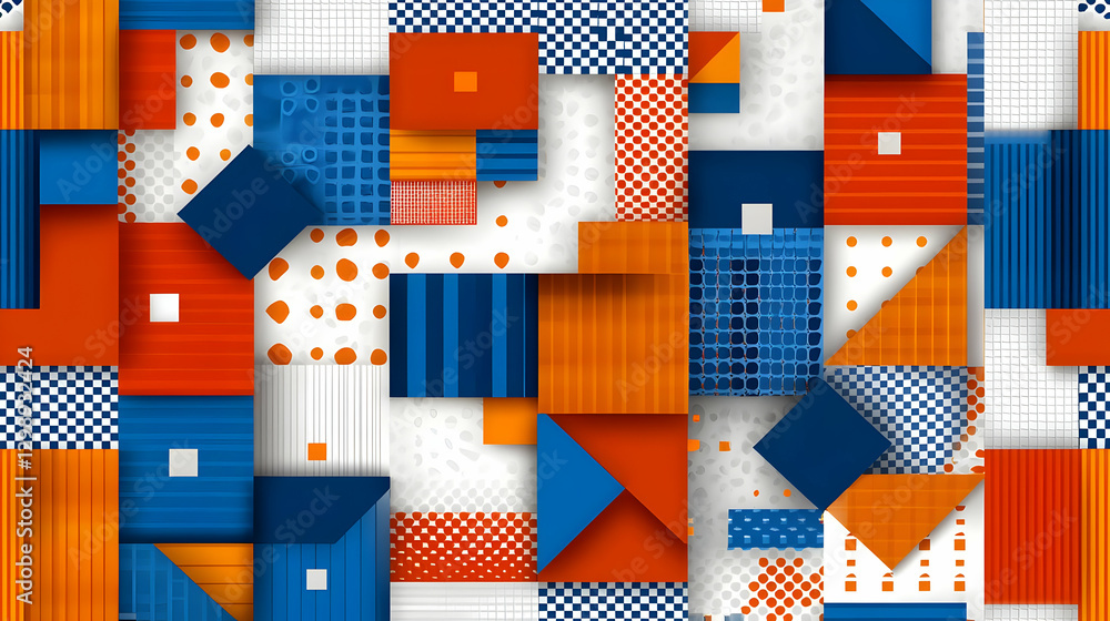 Poster abstract geometric composition with colorful squares triangles and textures on a white background