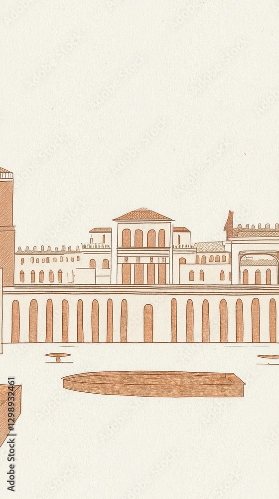 Poster brown and beige cityscape illustration with stone columns with granular texture and perspective view