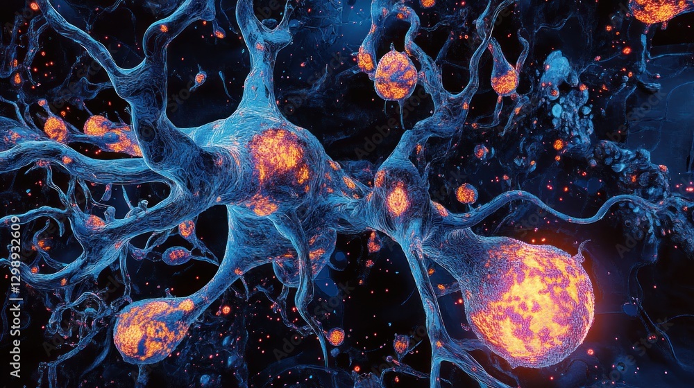 Poster detailed microscopic view of a complex neural network with highlighted synapses and neurons.