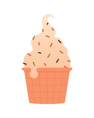 Ice cream in a waffle cup. Vector isolated illustration with cold dessert, ice cream. Summer element, hello summer. Flat design. Cute naive clipart in cartoon kawaii style. For sticker, card, banner.