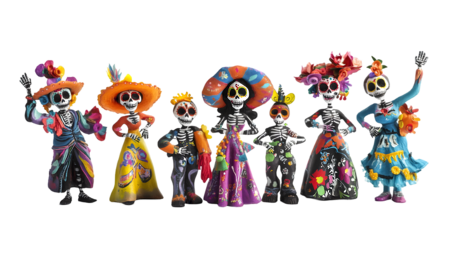 Colorful day of the dead skeleton figurines celebrating mexican culture