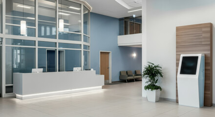 Fototapeta premium Modern hospital lobby interior showcasing a welcoming atmosphere with sleek design and natural light
