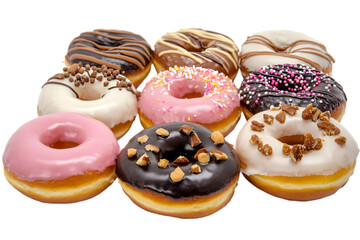 Assorted colorful donuts with various toppings on white background