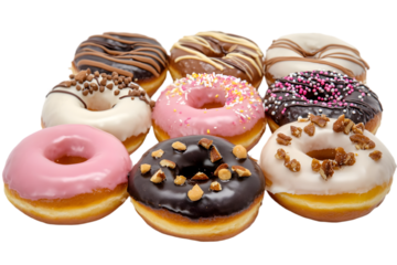 Assorted colorful donuts with various toppings on white background