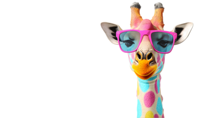 Colorful giraffe with pink sunglasses and polka dot pattern on black background