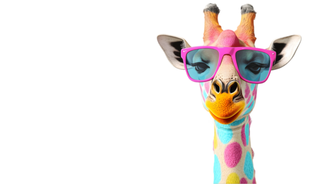 Colorful giraffe with pink sunglasses and polka dot pattern on black background
