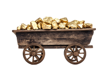 Wooden mining cart filled with gold nuggets on rustic wheels