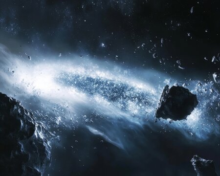 an Oort Cloud, exhibiting a multitude of frozen objects bathed in white-blue shimmering light against the black void of the cosmos