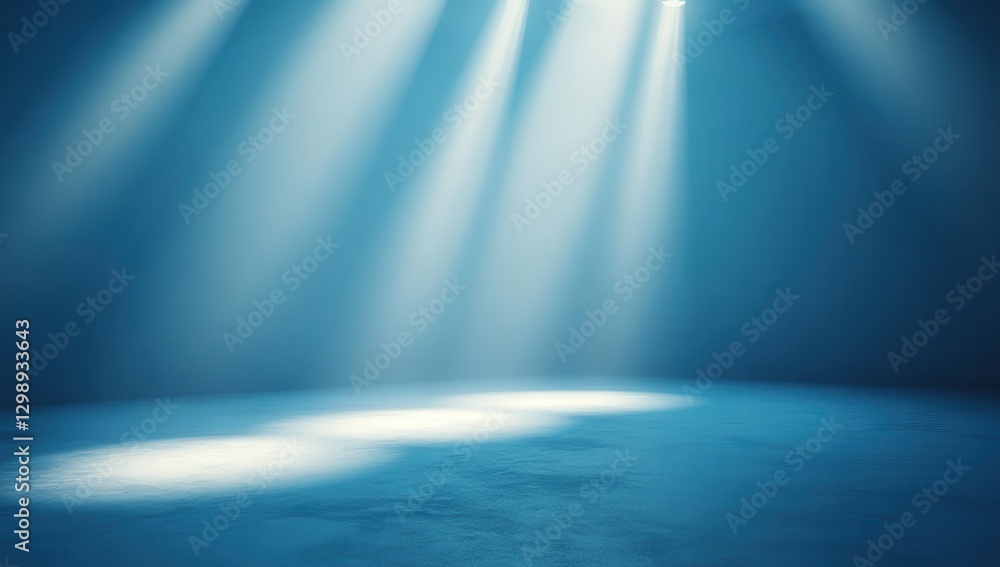 Poster Dramatic Blue Lighting Effect with Soft Rays Illuminating an Empty Stage with Subtle Shadows and Textured Ground in a Captivating Atmosphere