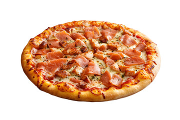 Delicious smoked salmon pizza with cheese and herbs on a crispy crust