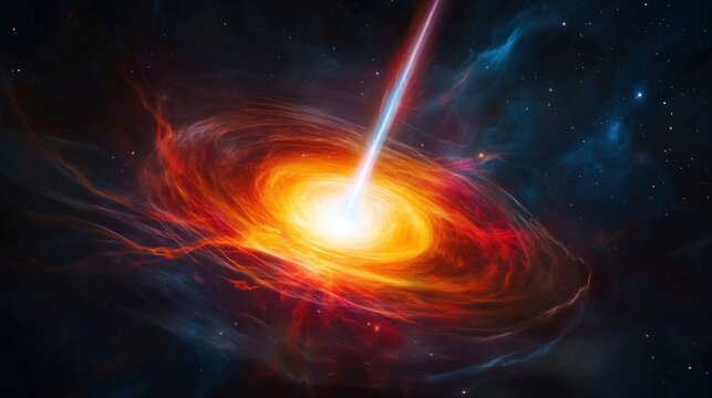 quasar emitting bright energy, showcasing vibrant colors ranging from deep blue to bright orange, spinning around a central point