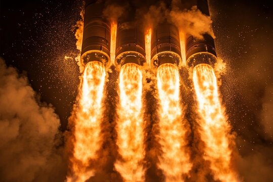 space shuttle launching, showing the intense flames and smoke billowing from the rocket boosters - Powered by Adobe