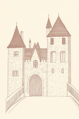 Obraz premium Brown Stone Castle Gatehouse Drawing Illustration Example 2024 Style Illustration Featuring Detailed Perspective Views of Medieval Architecture with a Focus on Exterior Design and Historical Building