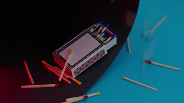 Colored matches in a box. 
Colored matches falling from a height onto a black and blue background.
Macro shot.