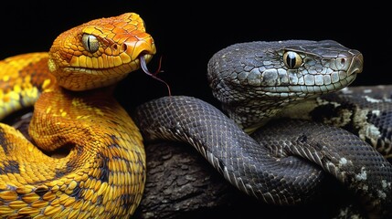 Obraz premium Two contrasting snakes on a dark branch, close-up