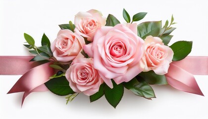Fototapeta premium soft pink rose bouquet with delicate green leaves and elegant ribbon isolated on transparent background