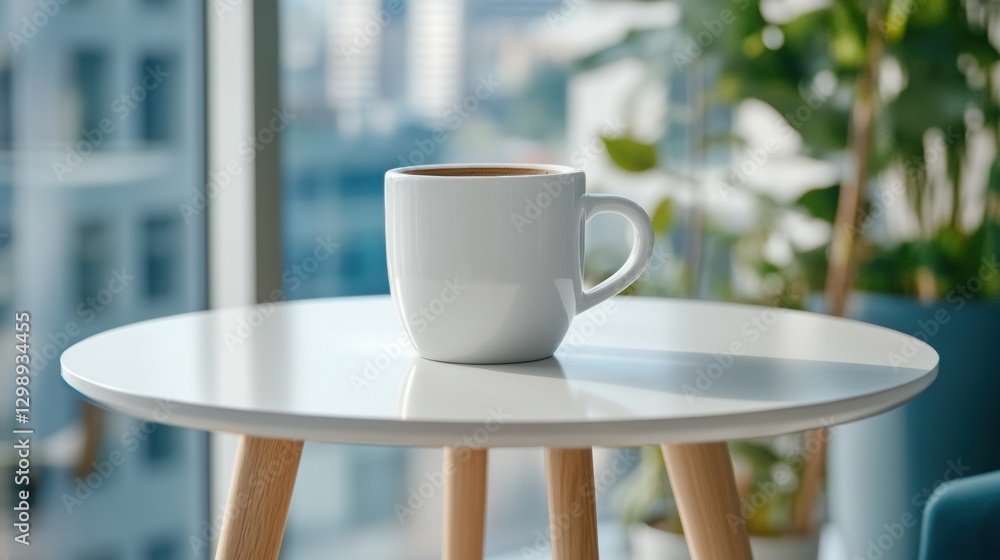 Poster white table with a cup of coffee and space for branding.