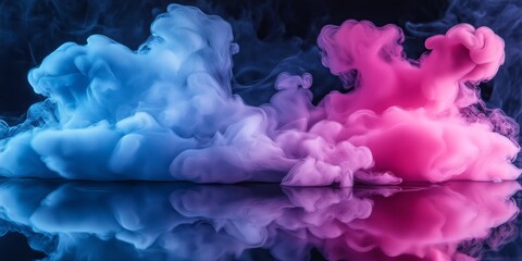 Thick smoke rolls across a reflective black floor creating depth and contrast in an abstract background that captivates with swirling colors and textures